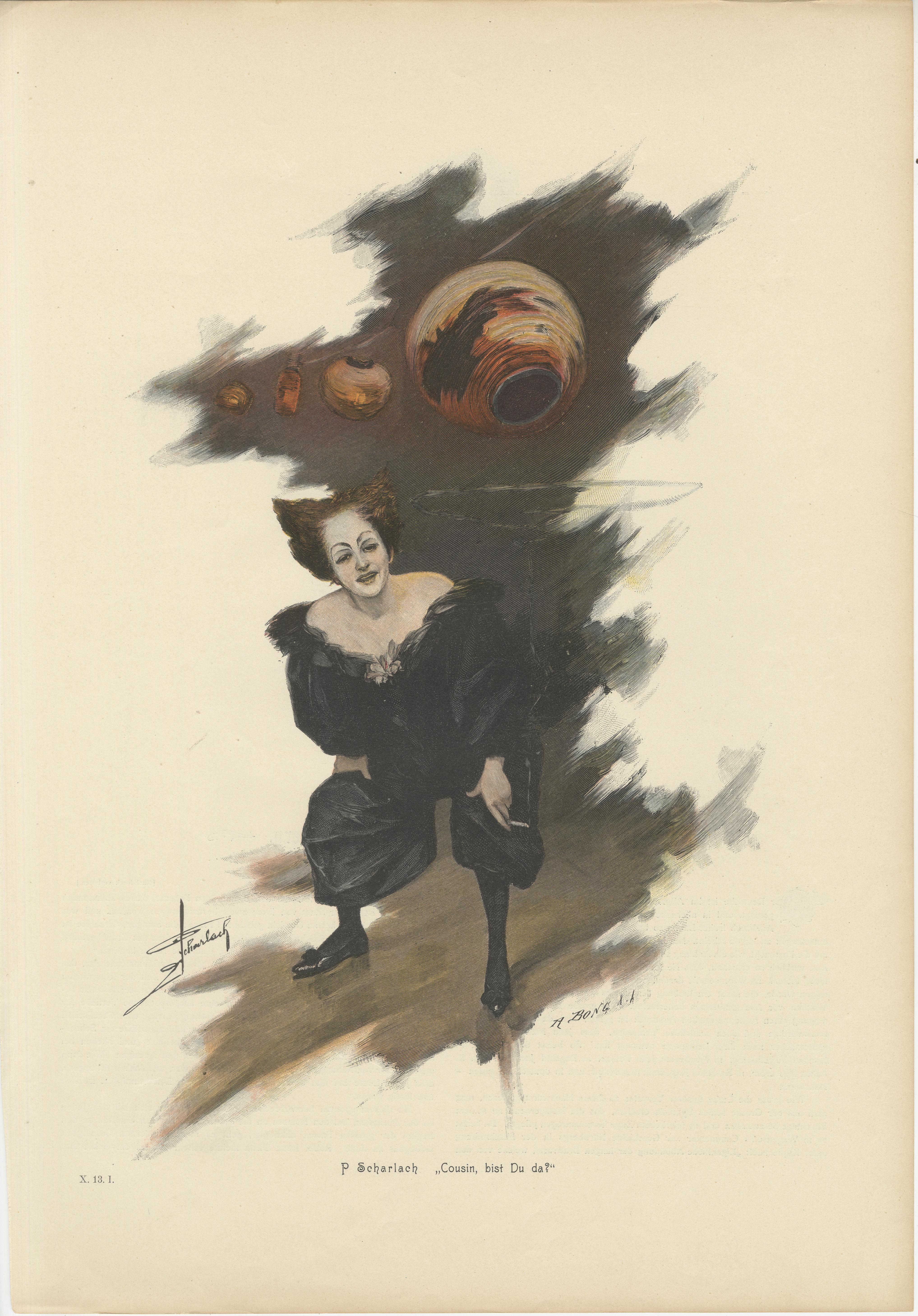 Humorvolles Porträt einer Frau in schwarzem Kleid mit skurrilen Töpfen, um 1900 im Angebot 4