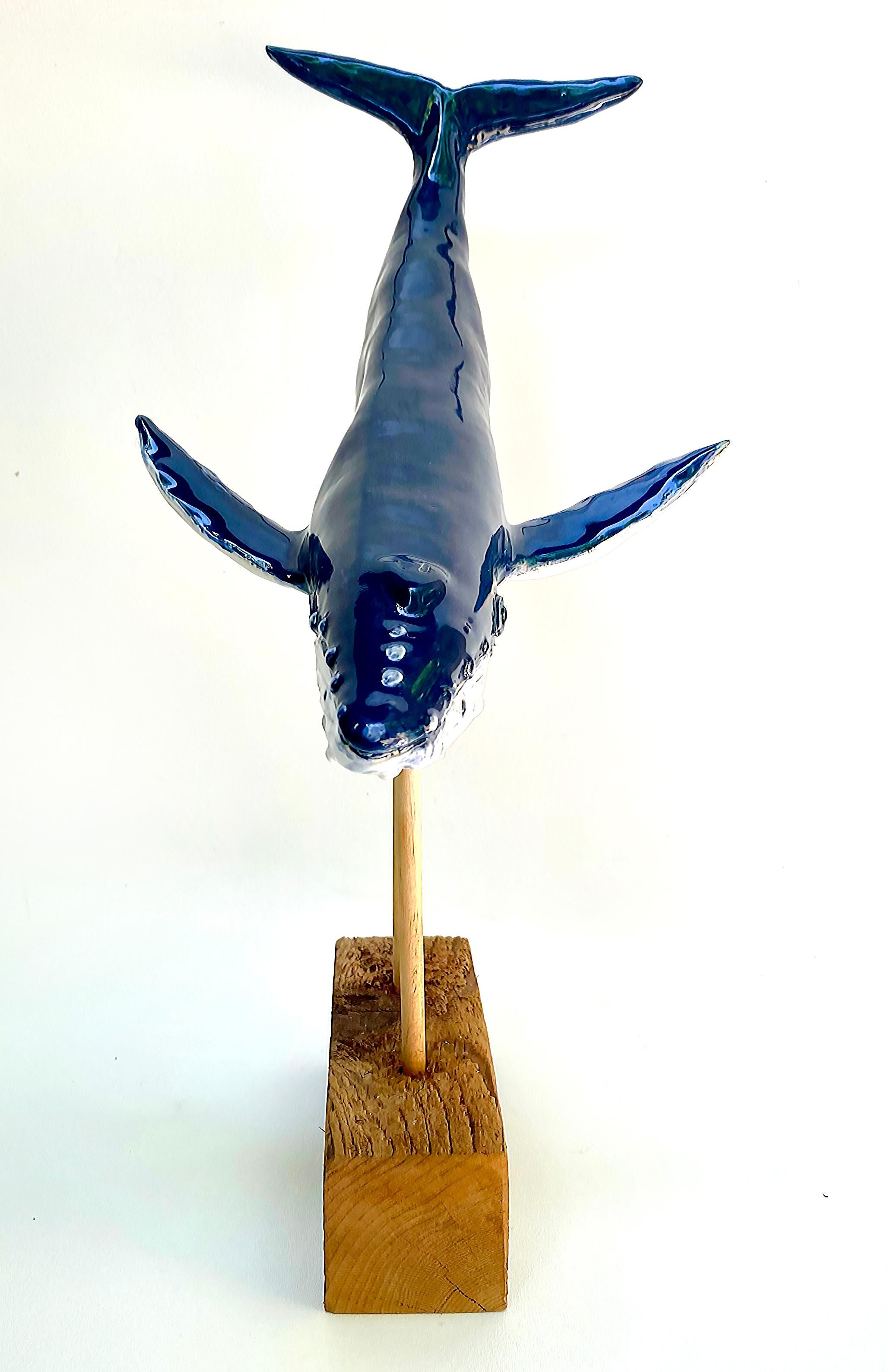 Americano Scultura in ceramica su base di legno dell'artista Rexx Fischer: Hump Back Whale, fatta a mano.