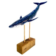 Hump Back Whale Hand-made Ceramic Sculpture on Wood Base by Artist Rexx Fischer