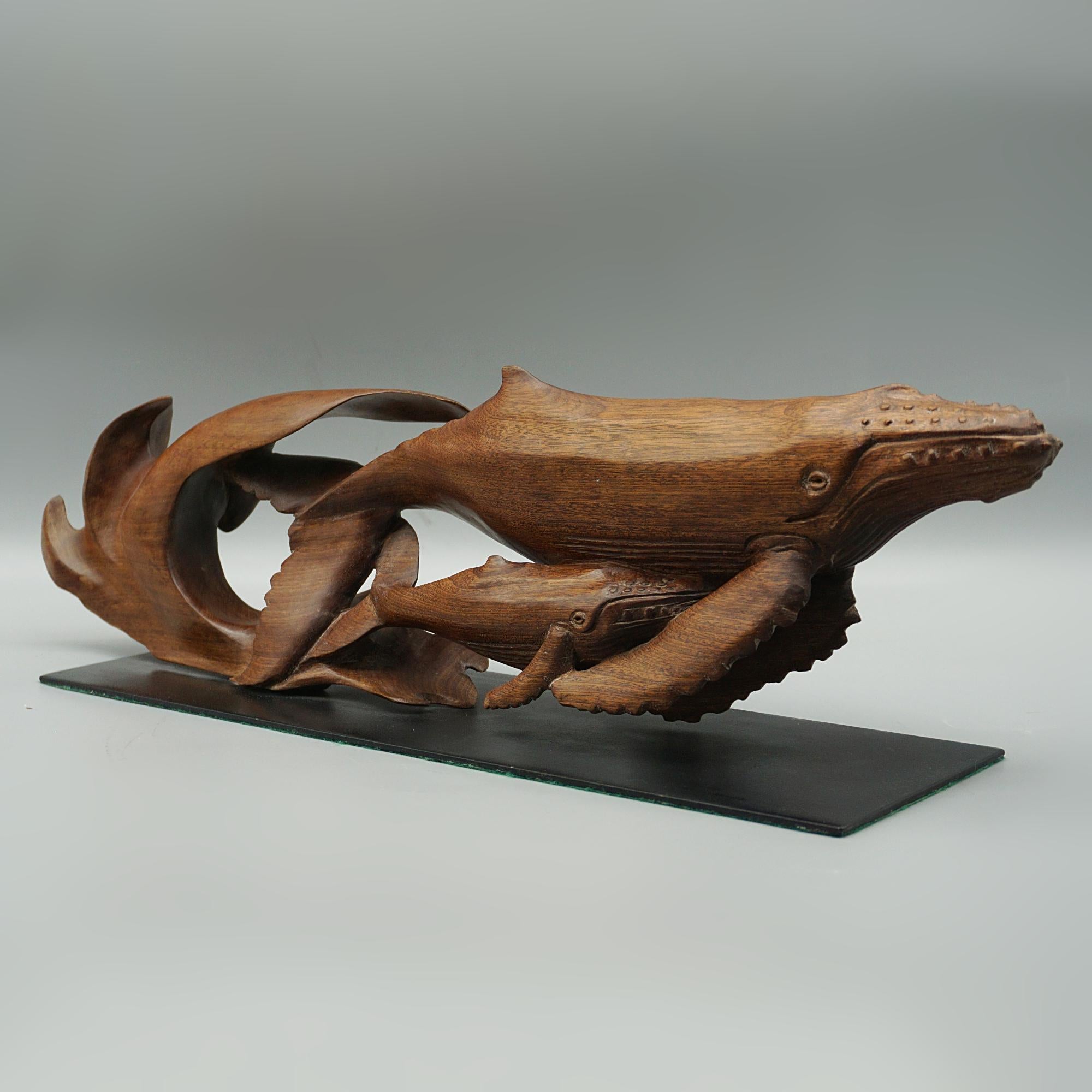 'Humpback Whale and Calf' Contemporary Carved Wooden Sculpture 1