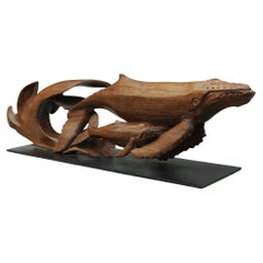 'Humpback Whale and Calf' Contemporary Carved Wooden Sculpture