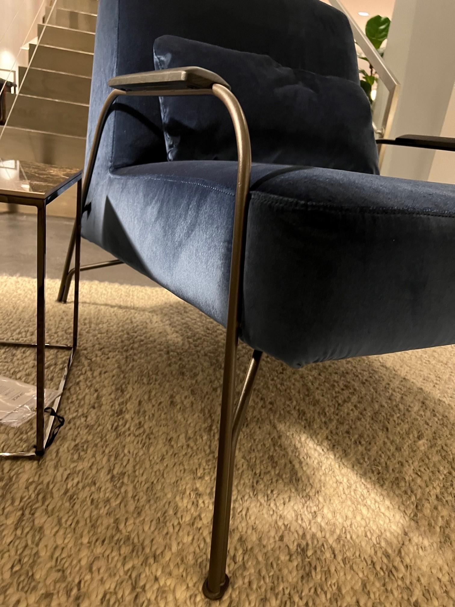 Contemporary Humphrey Armchair with Black Oak Armrests in Roxana Bleu For Sale