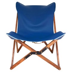 Humphrey Chair, Pecan Wood and Leather Folding Chair 'Blue'
