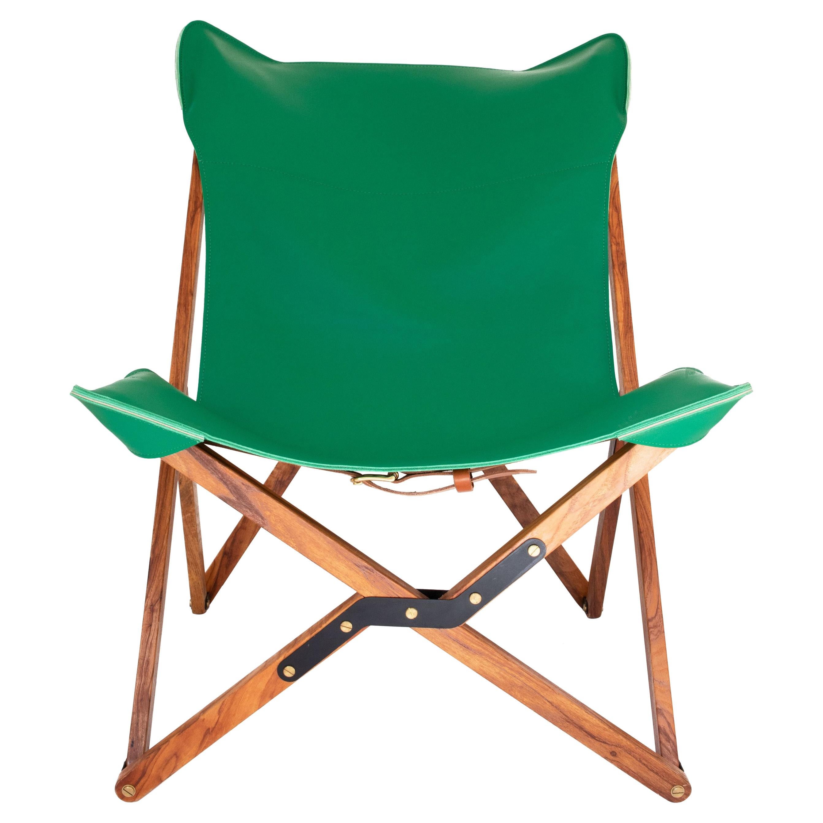 Humphrey Chair, Pecan Wood and Leather Folding Chair 'Green' For Sale