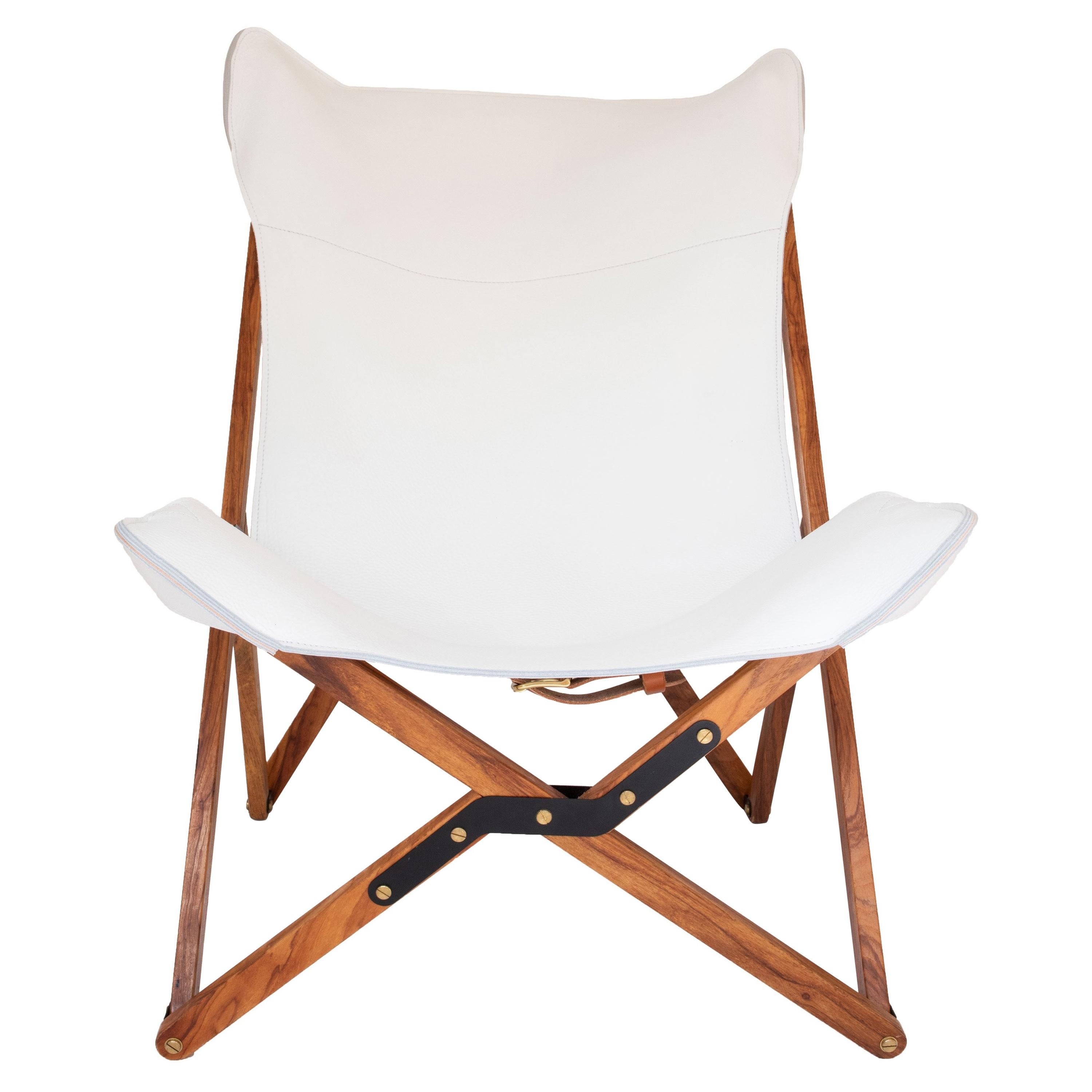 Humphrey Chair, Pecan Wood and Leather Folding Chair 'White' For Sale