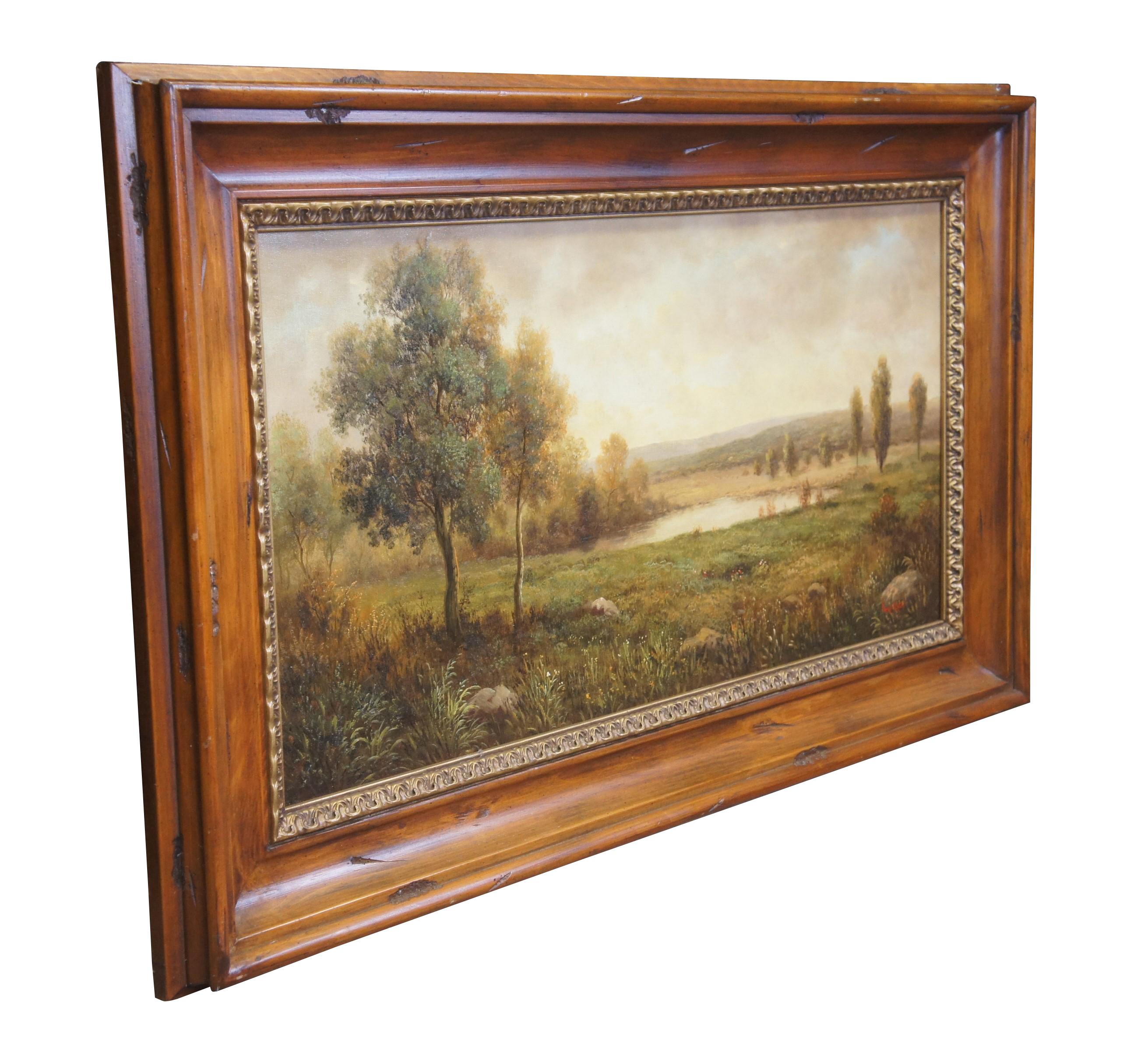 Vintage oil painting on canvas by Korean artist SH Song (aka Humphrey).  Features a pastoral countryside landscape of trees, mountains and a lake.  Framed in rustic cherry pine frame.

About the artist:
Born in Seoul, South Korea in 1955, S.H. Song