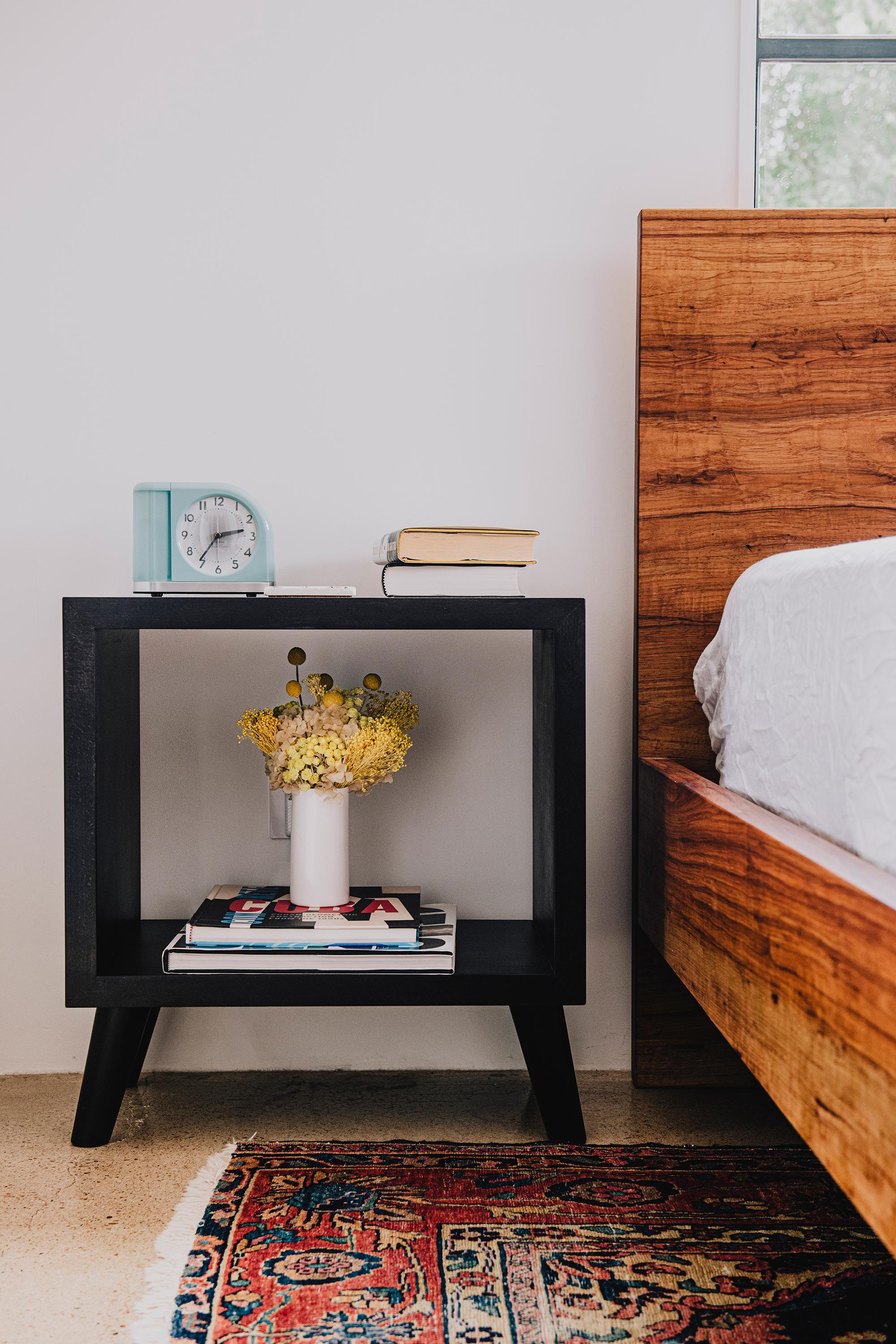 Mid-Century Modern Humphreys Side Table, Nightstand, American Pecan Wood with Cutout Center For Sale