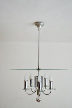 Hungarian Art Deco Bauhaus Style Round Chrome-Glass Chandelier from 1930s
