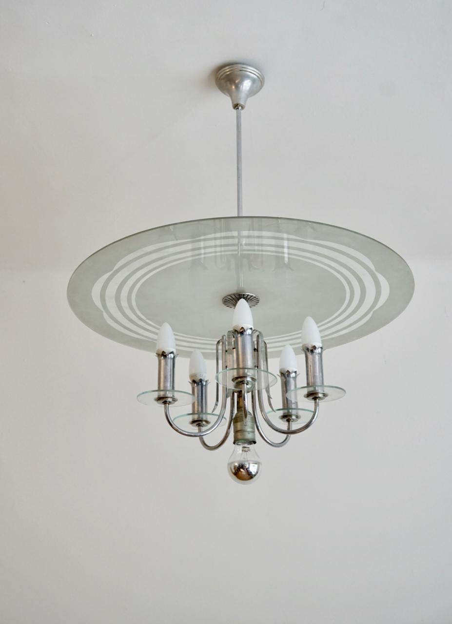 Hungarian Art Deco Bauhaus Style Round Chrome-Glass Chandelier from 1930s In Good Condition For Sale In  Budapest, HU