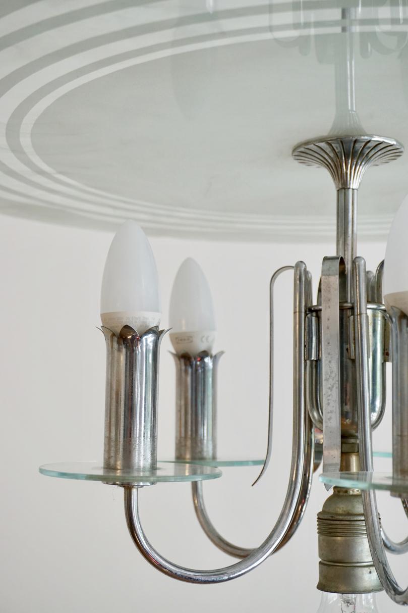 Mid-20th Century Hungarian Art Deco Bauhaus Style Round Chrome-Glass Chandelier from 1930s For Sale