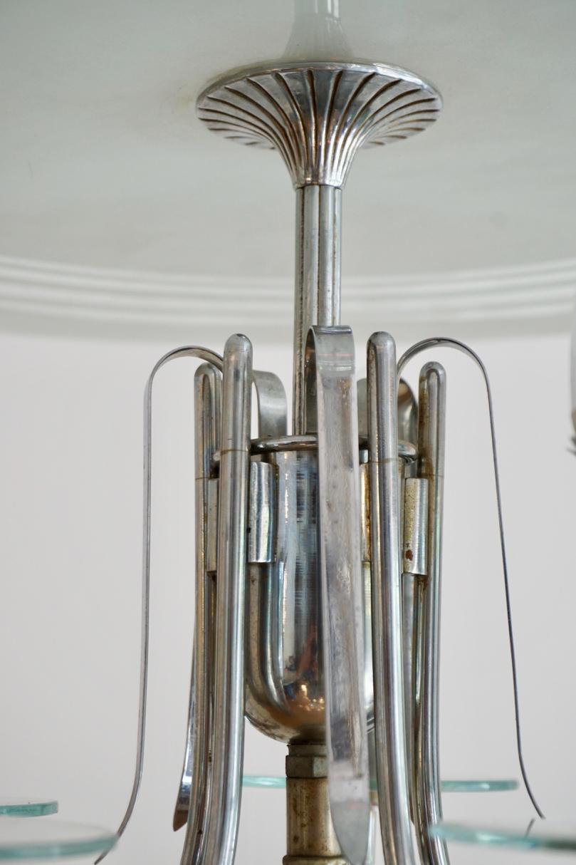 Hungarian Art Deco Bauhaus Style Round Chrome-Glass Chandelier from 1930s For Sale 2