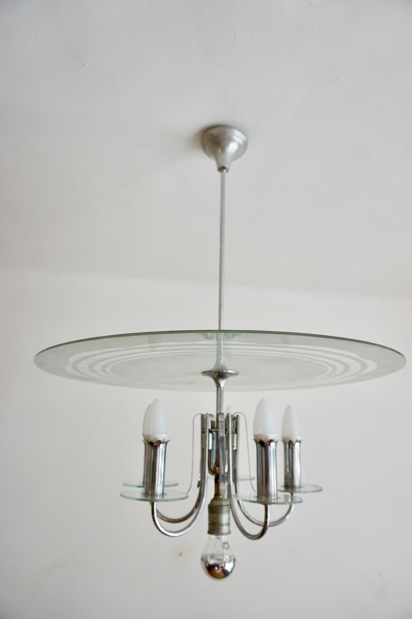 Hungarian Art Deco Bauhaus Style Round Chrome-Glass Chandelier from 1930s For Sale 3