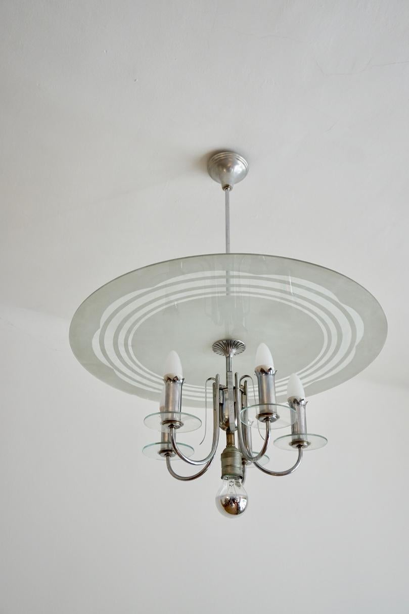 Hungarian Art Deco Bauhaus Style Round Chrome-Glass Chandelier from 1930s For Sale 4