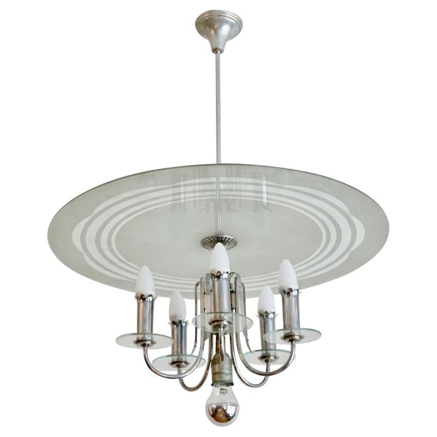 Hungarian Art Deco Bauhaus Style Round Chrome-Glass Chandelier from 1930s For Sale