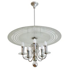 Hungarian Art Deco Bauhaus Style Round Chrome-Glass Chandelier from 1930s