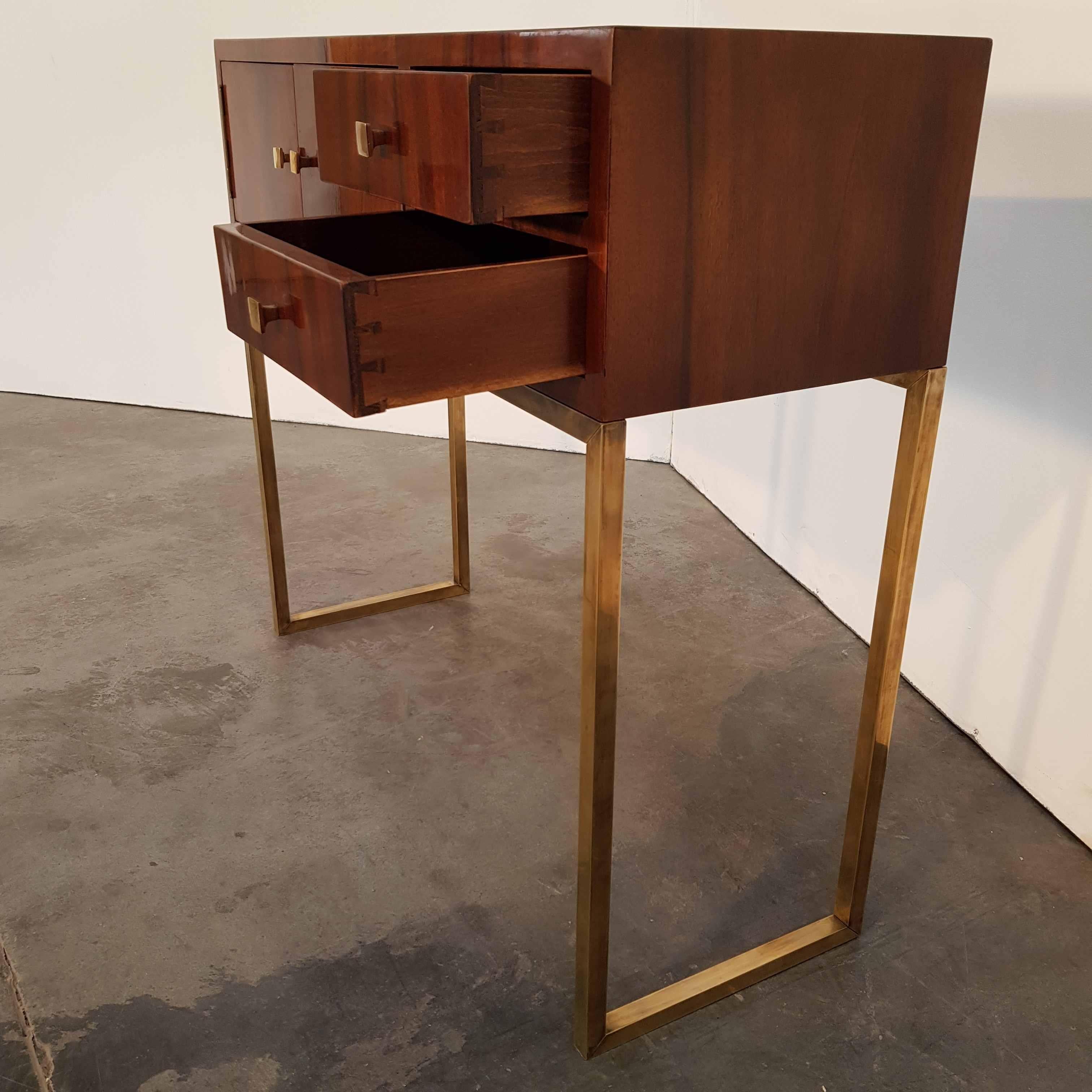 Early 20th Century Hungarian Bauhaus Console with Hand-Polished Walnut Veneer on Brass Legs For Sale