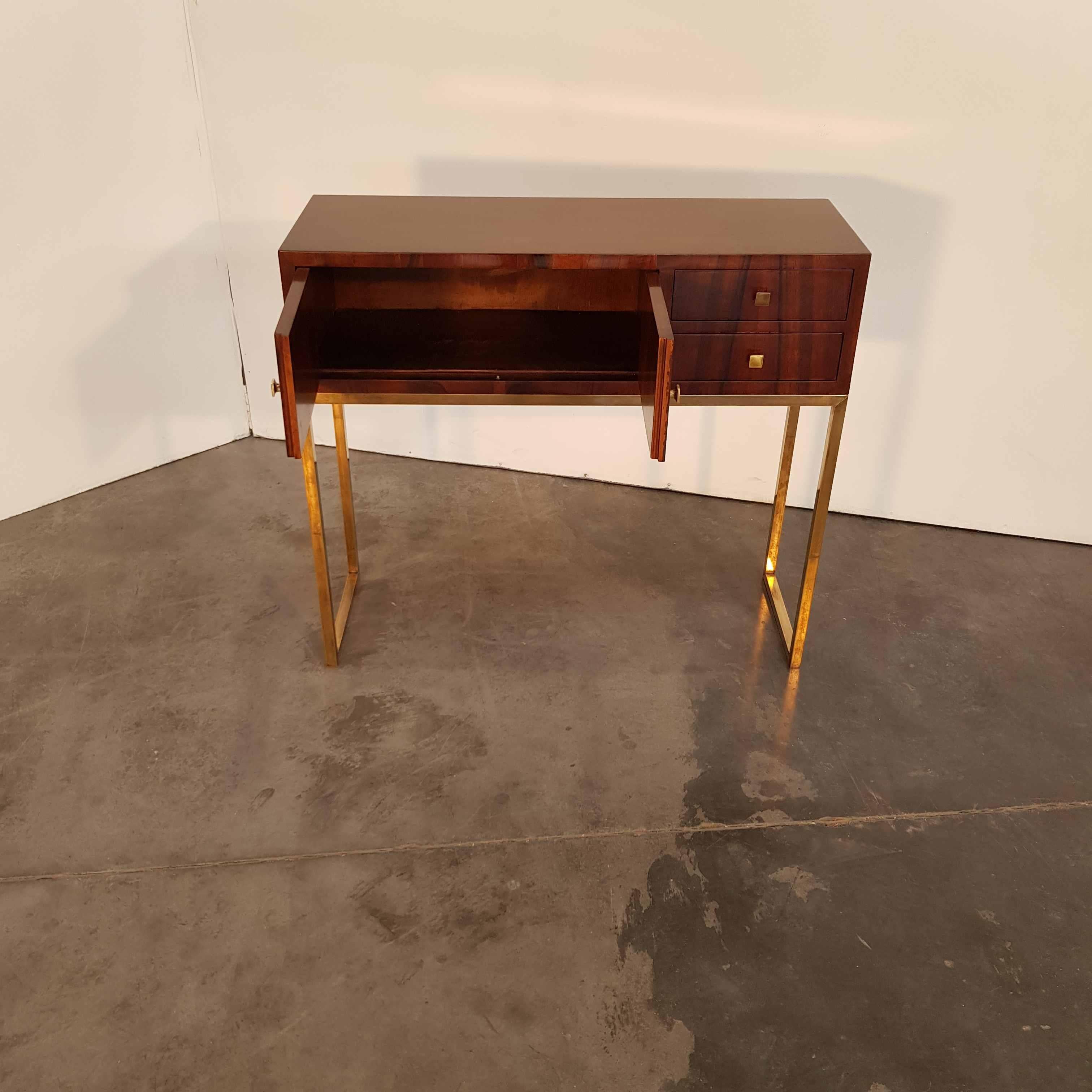 Hungarian Bauhaus Console with Hand-Polished Walnut Veneer on Brass Legs For Sale 1