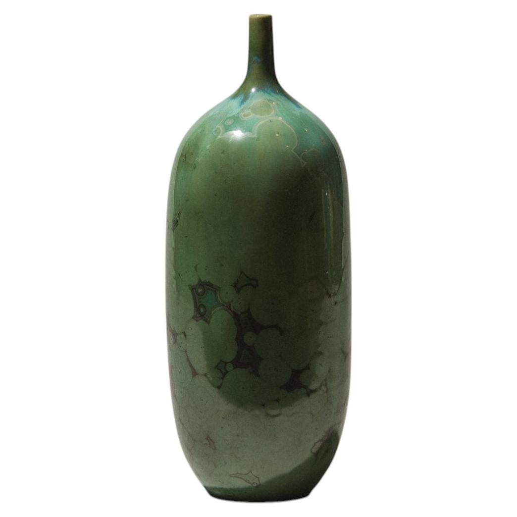 Hungarian Capsule-Form Porcelain Bud Vase, Green Crystalline Glaze For Sale