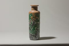 Hungarian Ceramic Cylinder Vase, Textured Glaze with Green Motif, 1970s