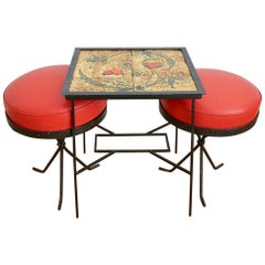 Hungarian Ceramic Side Table and Pair of Red Stools