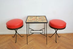 Hungarian Ceramic Side Table and Pair of Red Stools