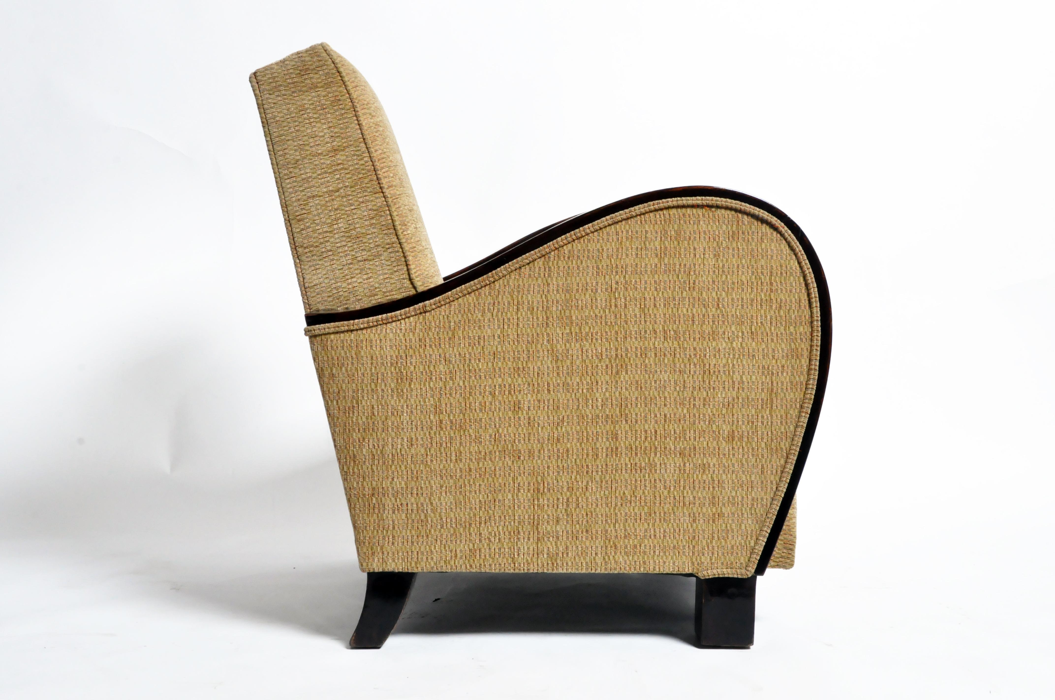 Fabric Hungarian Club Chair with Stained Beach Wood Armrest