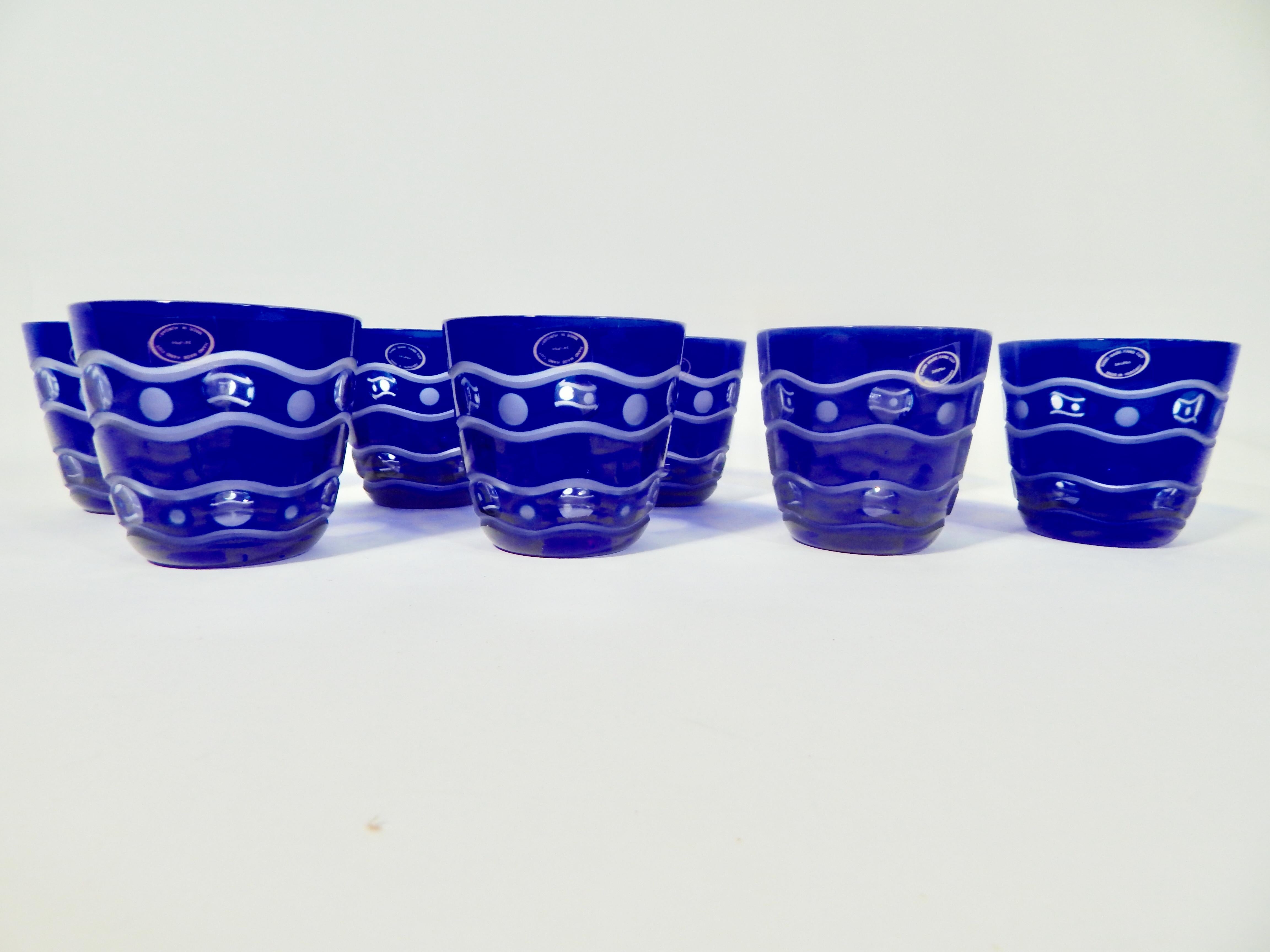 Etched Hungarian Crystal Handcut Cobalt Blue Glasses Set of 8