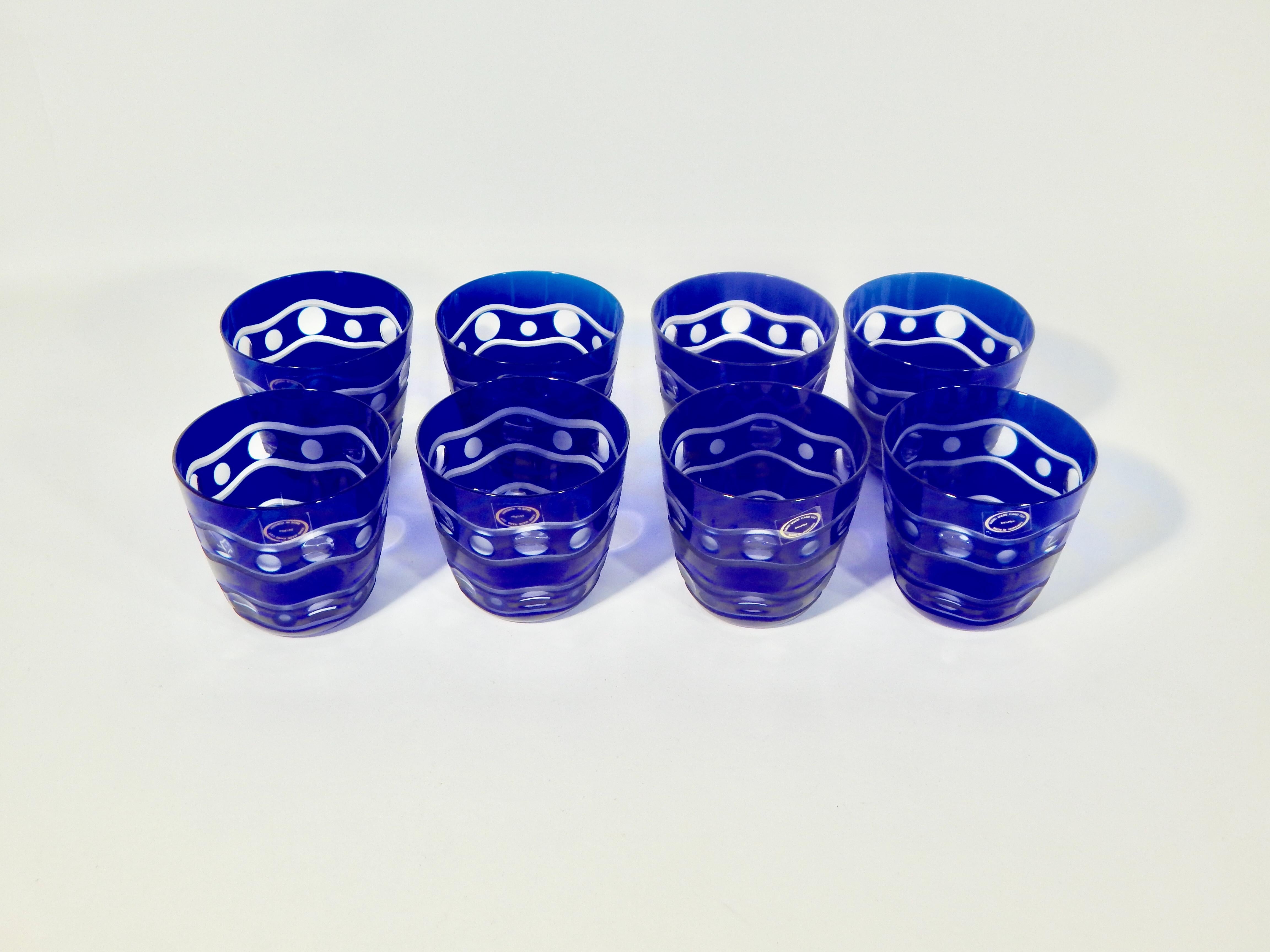 Hungarian Crystal Handcut Cobalt Blue Glasses Set of 8 In Excellent Condition In New York, NY