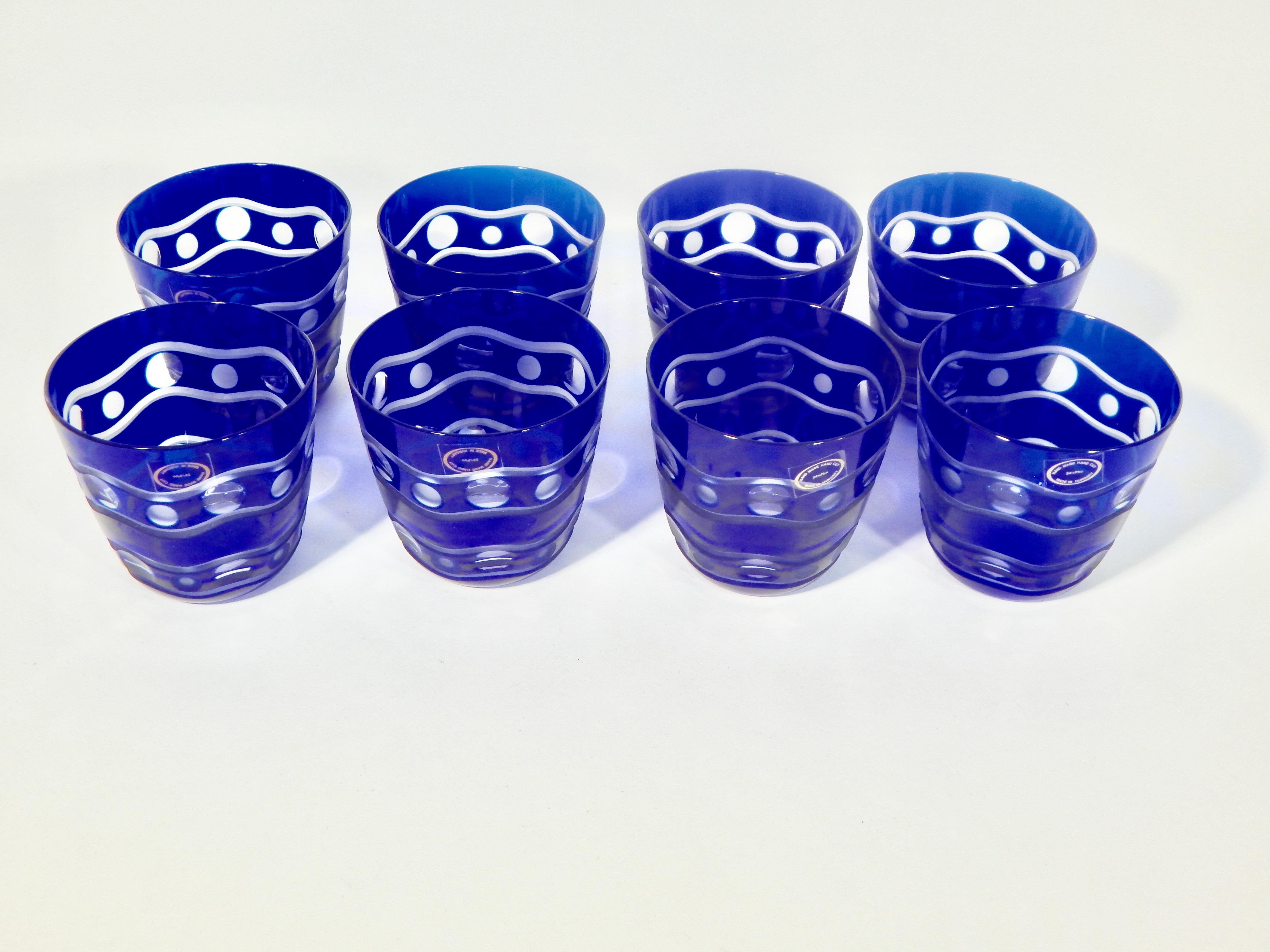 20th Century Hungarian Crystal Handcut Cobalt Blue Glasses Set of 8