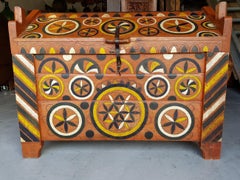 Hungarian Dowry Chest, in Beech, with Carved and Painted Decorative Design