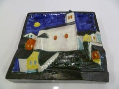Hungarian Full Moon Village Scene Modern Wall Sculpture Signed Cseko 1970s