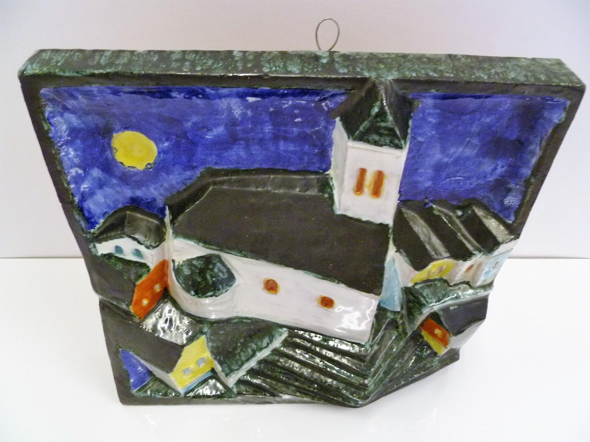 Late 20th Century Hungarian Full Moon Village Scene Modern Wall Sculpture Signed Cseko 1970s For Sale