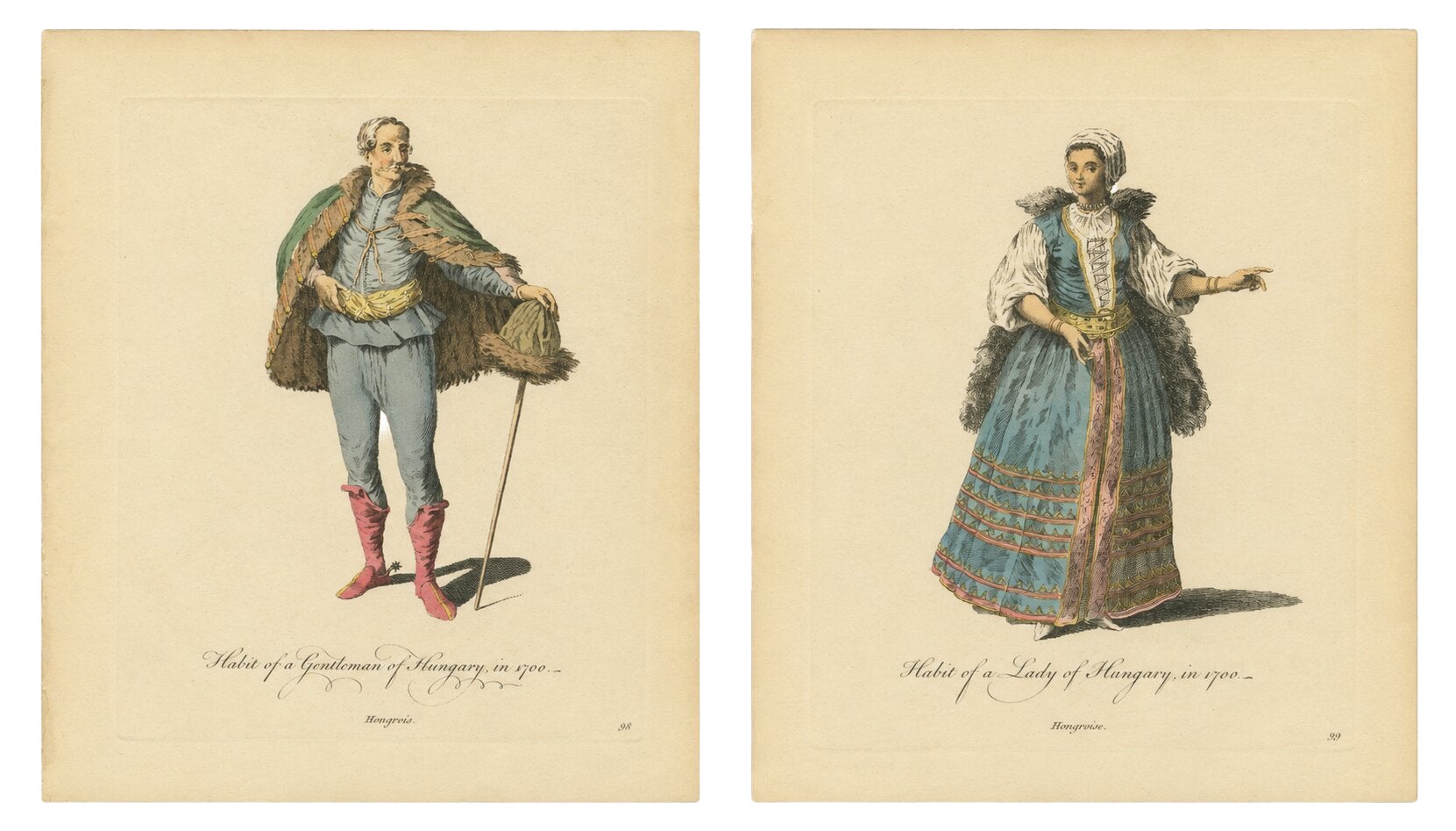 Ungarische Herren- und Damenkostümgravuren, handkoloriertes Paar, 1749