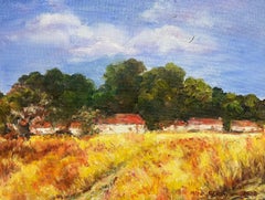 Cottages in Golden Harvest Field Signed & Dated 2008 Impressionist Oil Painting