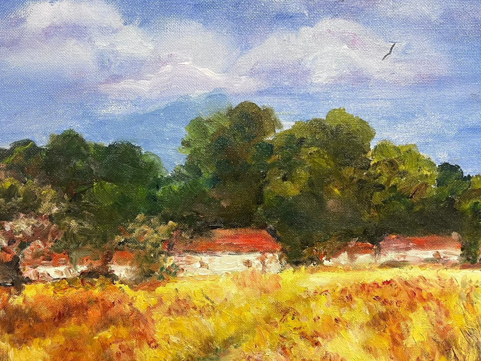 Cottages in Golden Harvest Field Signed & Dated 2008 Impressionist Oil Painting For Sale 1