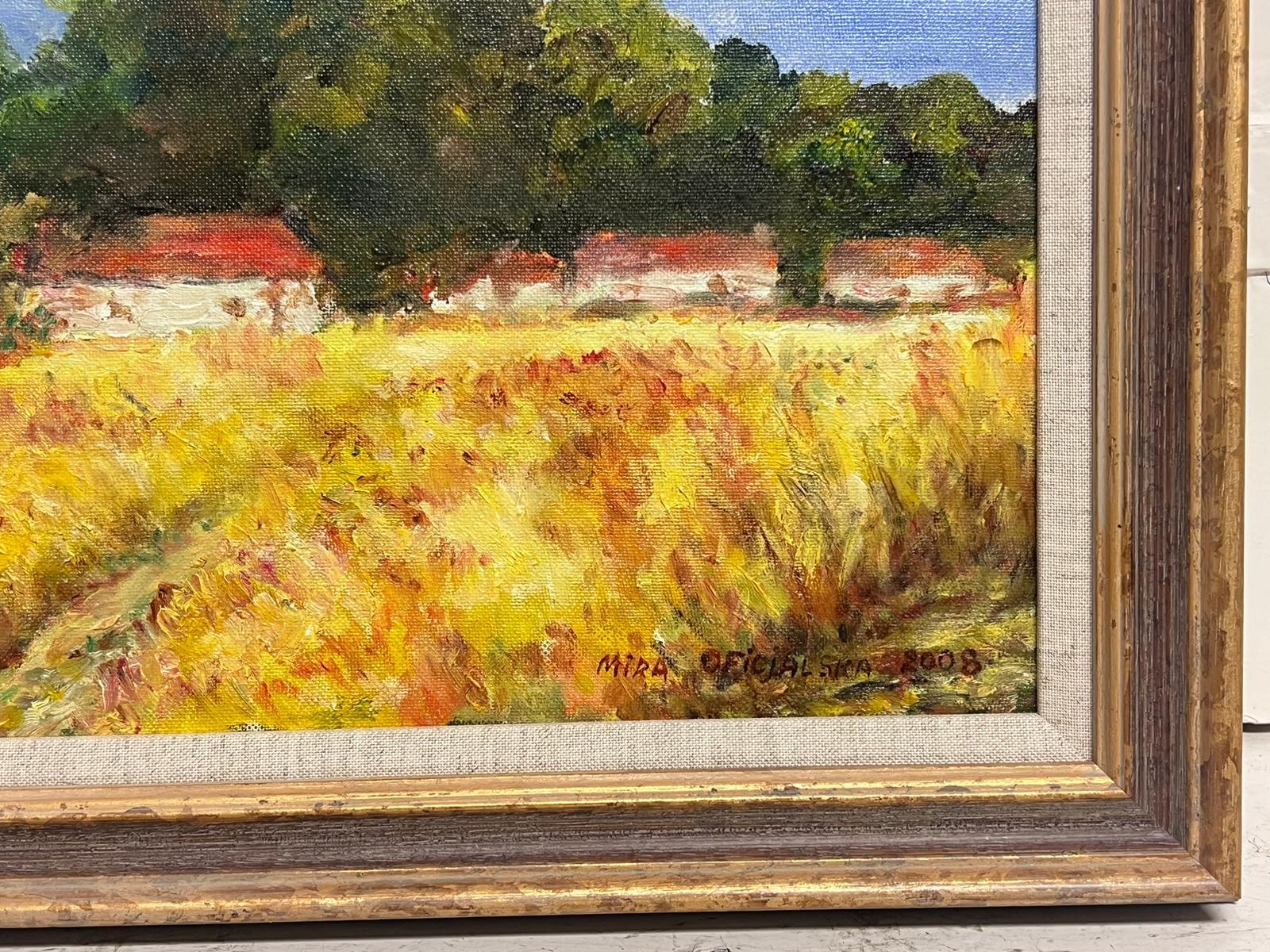 Cottages in Golden Harvest Field Signed & Dated 2008 Impressionist Oil Painting For Sale 3