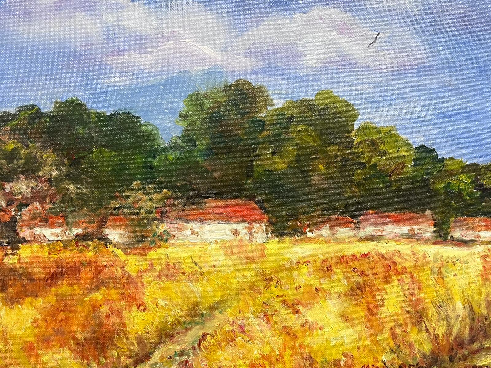 Cottages in Golden Harvest Field Signed & Dated 2008 Impressionist Oil Painting For Sale 4