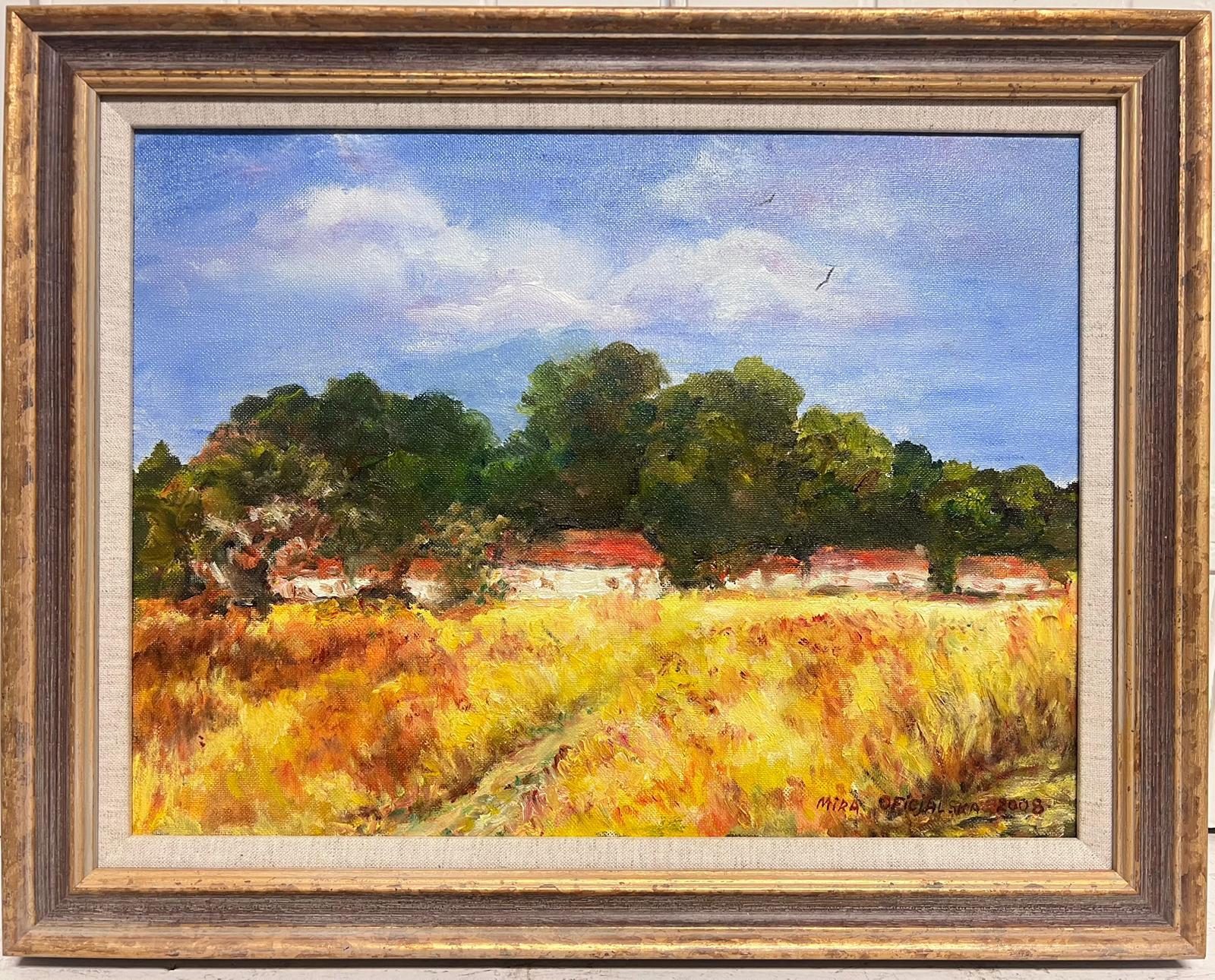 Hungarian Impressionist Landscape Painting - Cottages in Golden Harvest Field Signed & Dated 2008 Impressionist Oil Painting