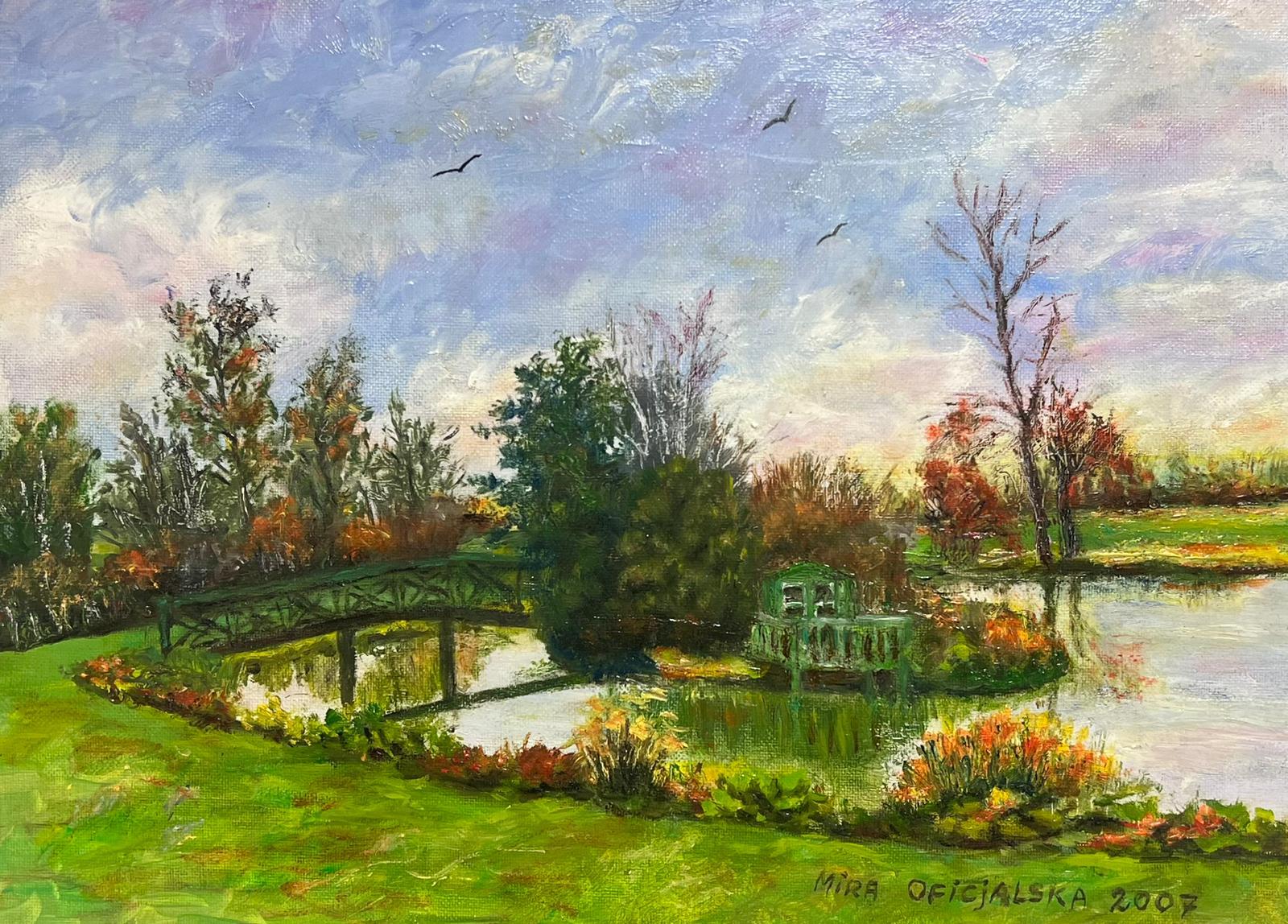 Peinture à l'huile impressionniste représentant un paysage de lac et un pont sur l'eau, signée - Painting de Hungarian Impressionist