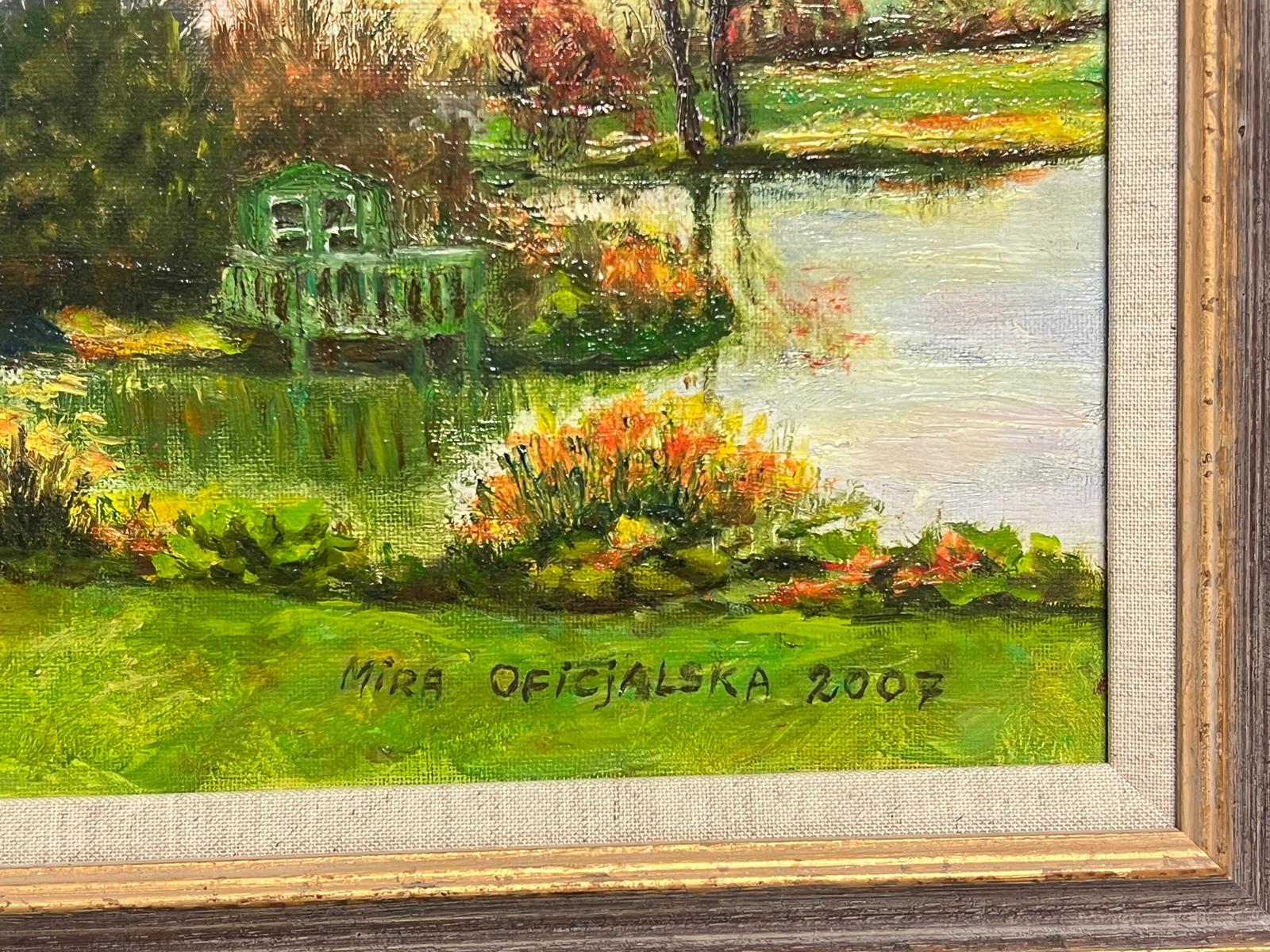 Garden Lake Landscape with Bridge over Water Signed Impressionist Oil Painting For Sale 1