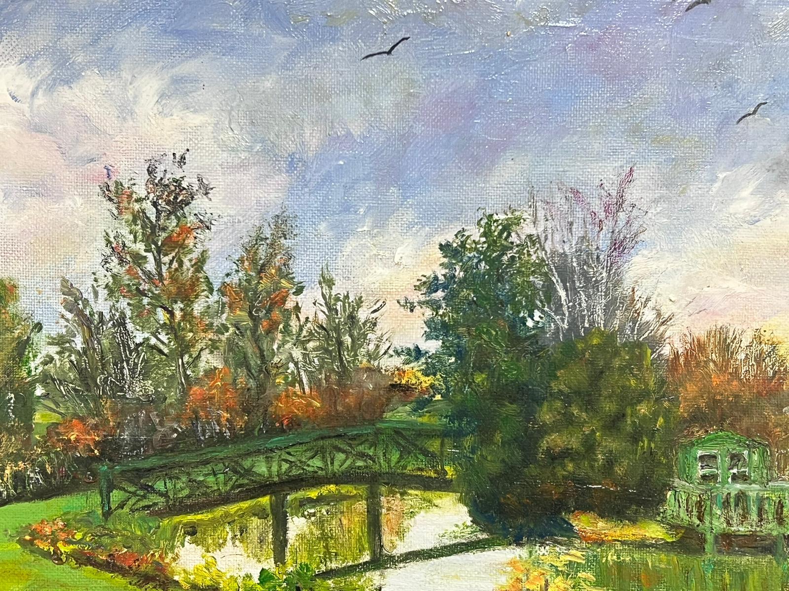 Garden Lake Landscape with Bridge over Water Signed Impressionist Oil Painting For Sale 2
