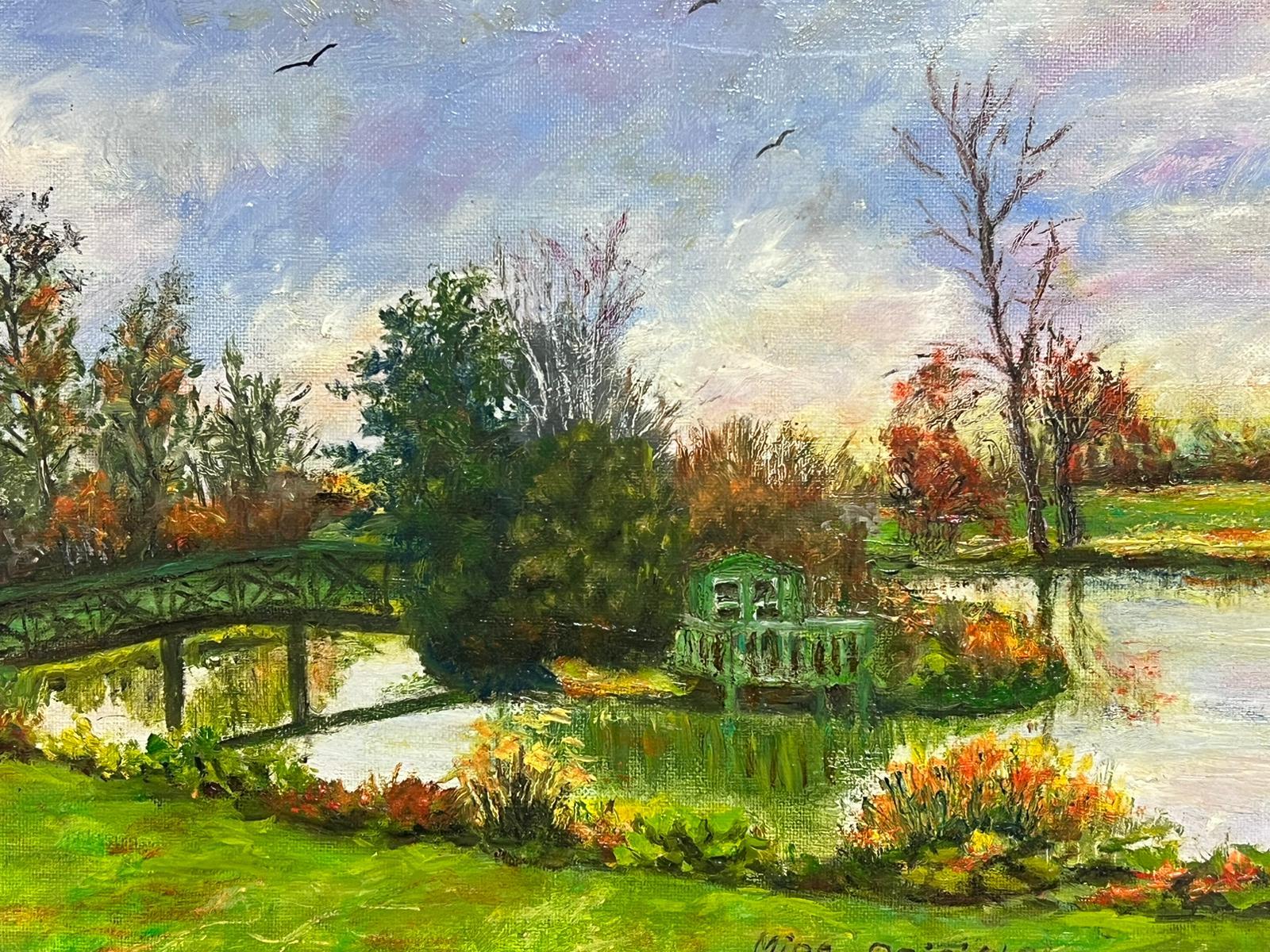 Garden Lake Landscape with Bridge over Water Signed Impressionist Oil Painting For Sale 3