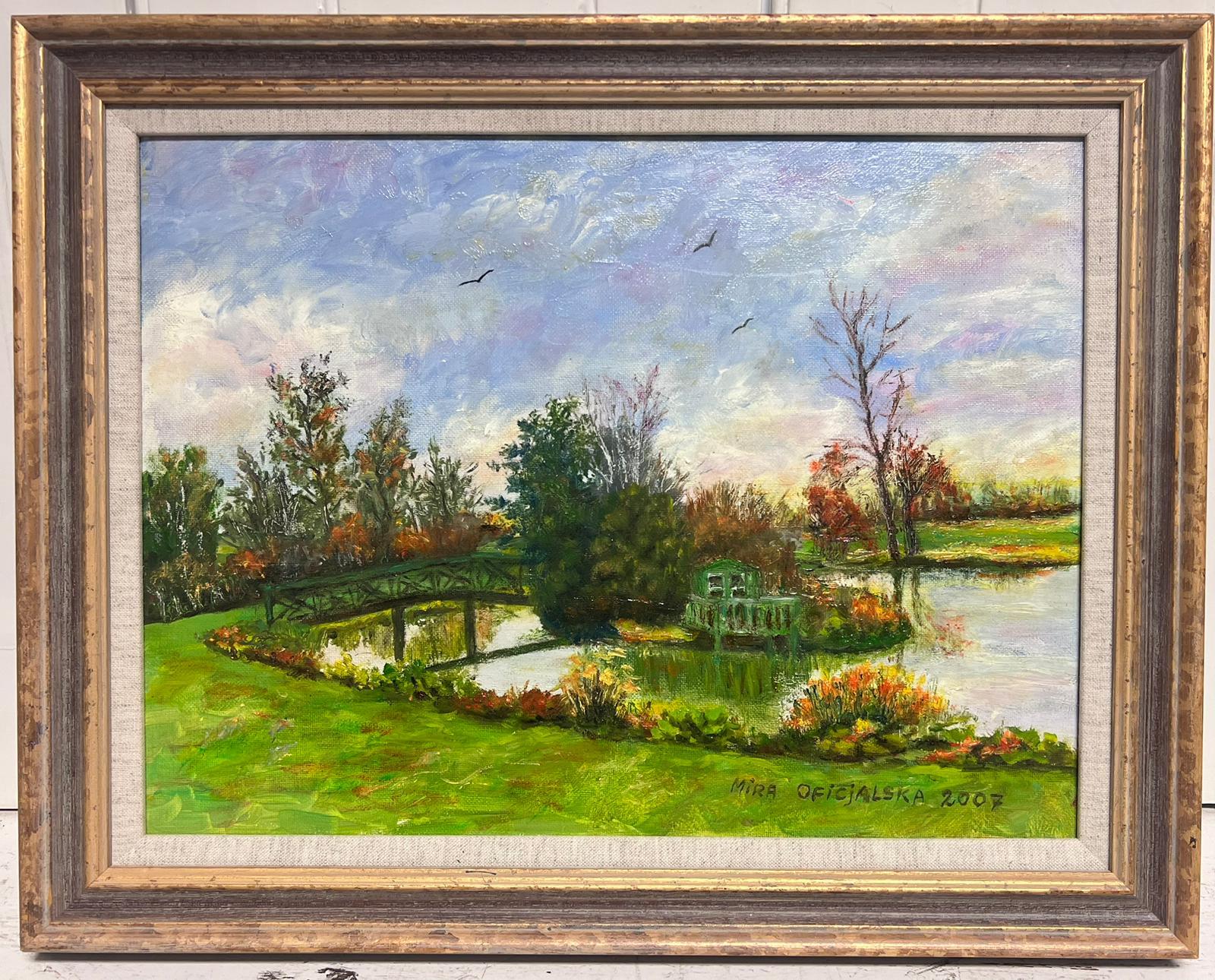 Hungarian Impressionist Landscape Painting - Garden Lake Landscape with Bridge over Water Signed Impressionist Oil Painting