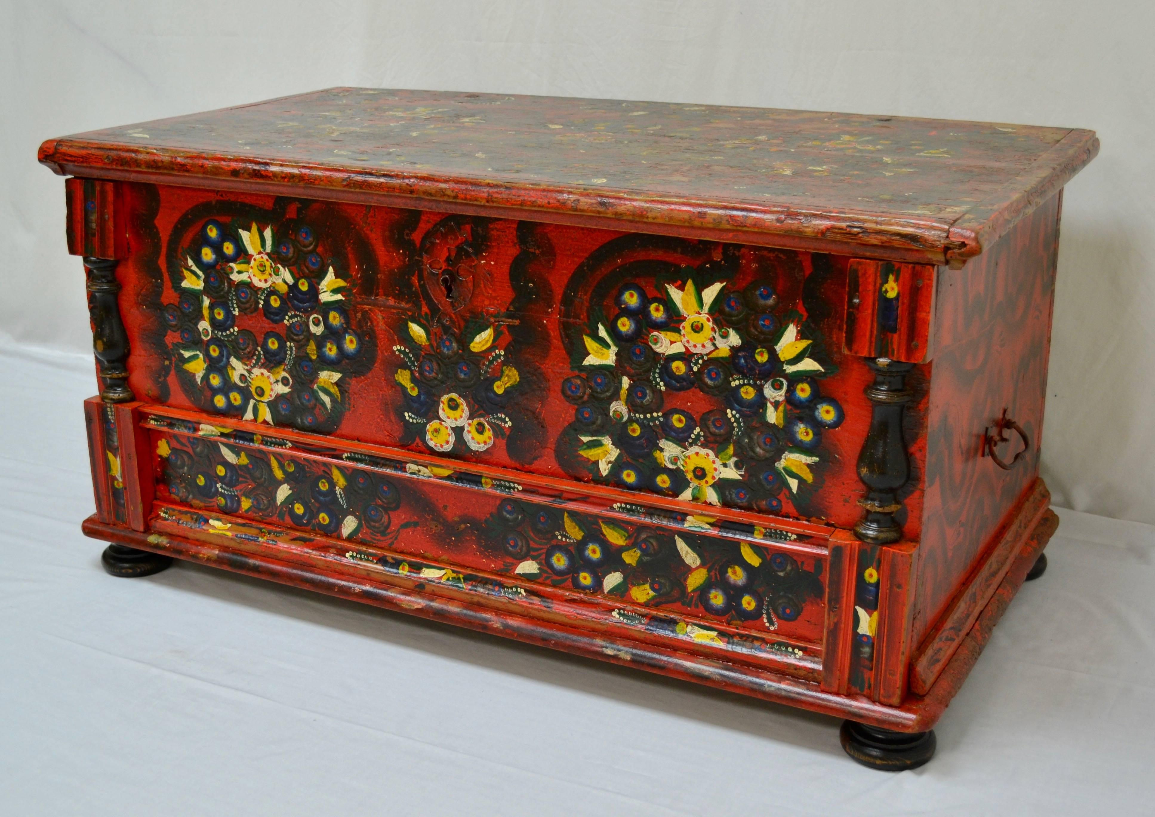 Hand-Painted Hungarian Pine Trunk or Blanket Chest in Original Paint