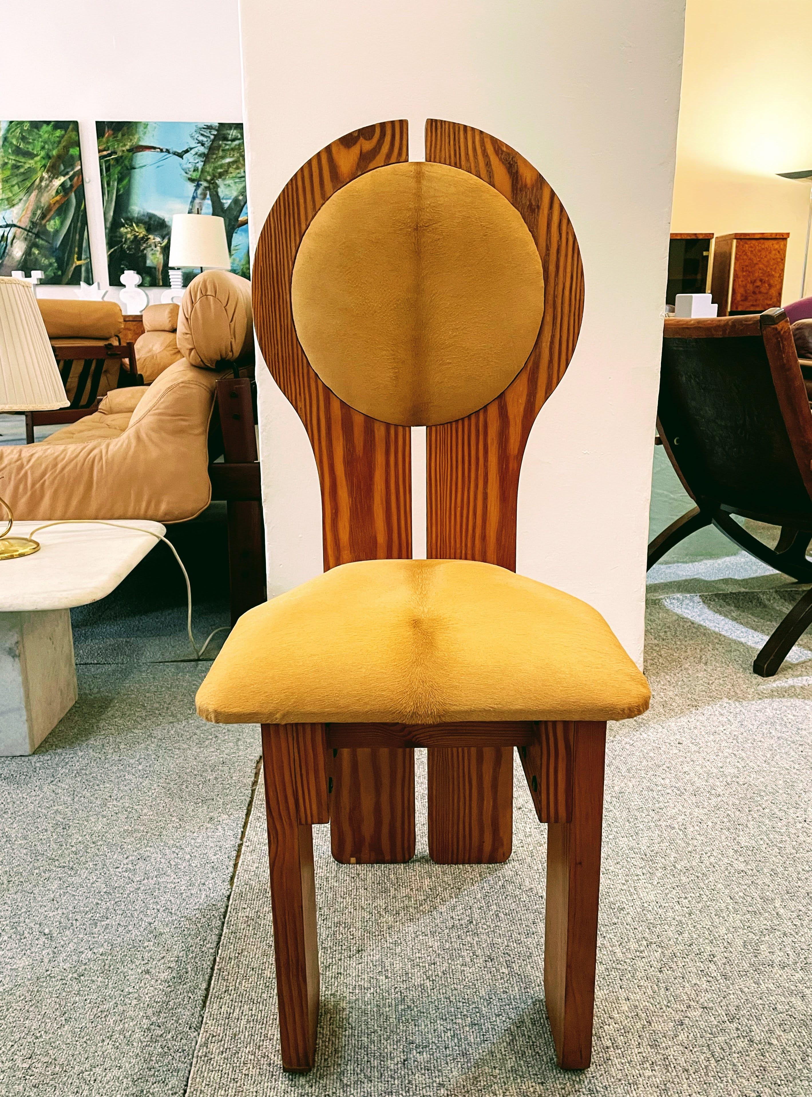 Unique and original form design piece from Hungary, 1970s.
Very organic pistil-like shape. Seat and back upholstered with ponyskin on pinewood veneered frame.
Overall, this rare chair has a great character.
Please see all pictures for more details.
 
