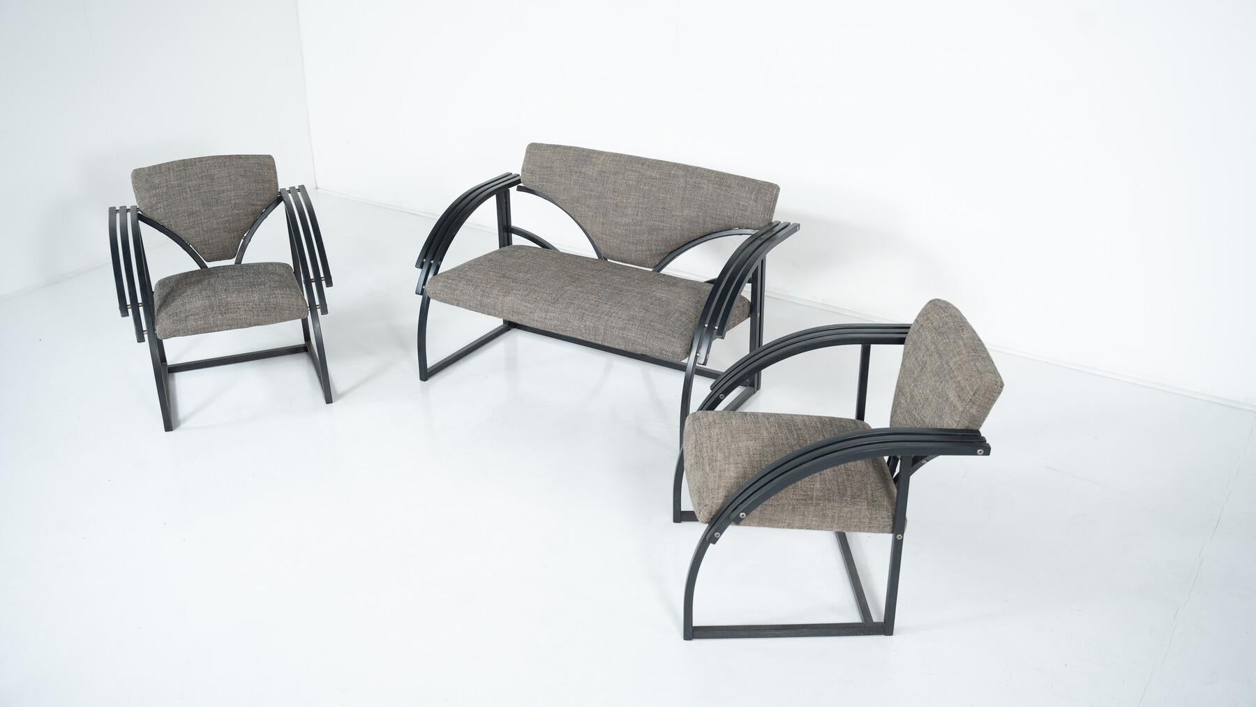 Modern Hungarian Postmodern Sofa and Chairs in curved beech, 1980 For Sale