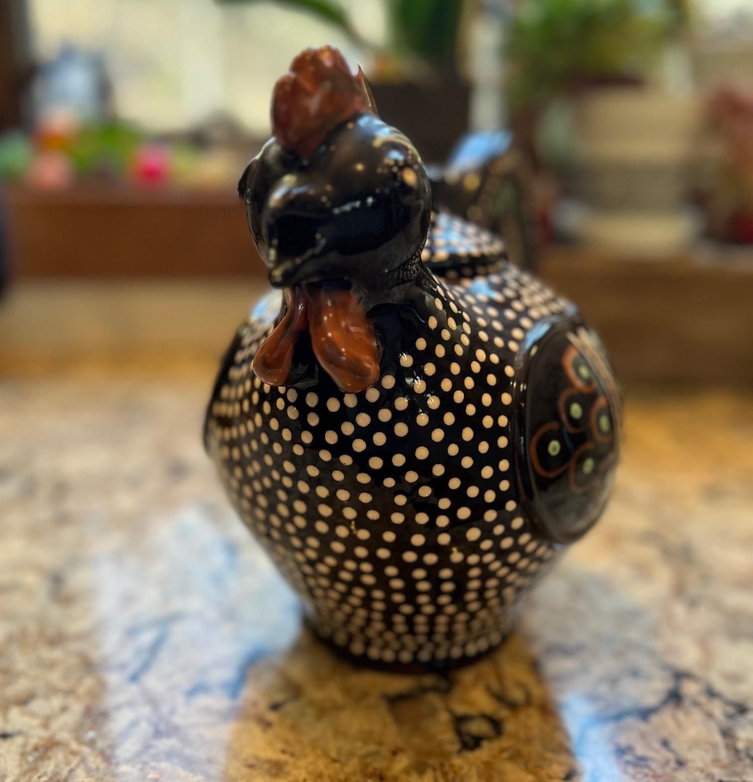 Hungarian Red Ware Folk Art Rooster - Lidded Jug/Teapot by Imre Szűcs  In Good Condition For Sale In Morristown, NJ
