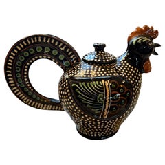 Hungarian Red Ware Folk Art Rooster - Lidded Jug/Teapot by Imre Szűcs 