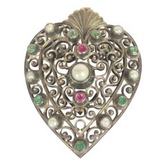 Hungarian Silver Emerald and Ruby Heart Pendant