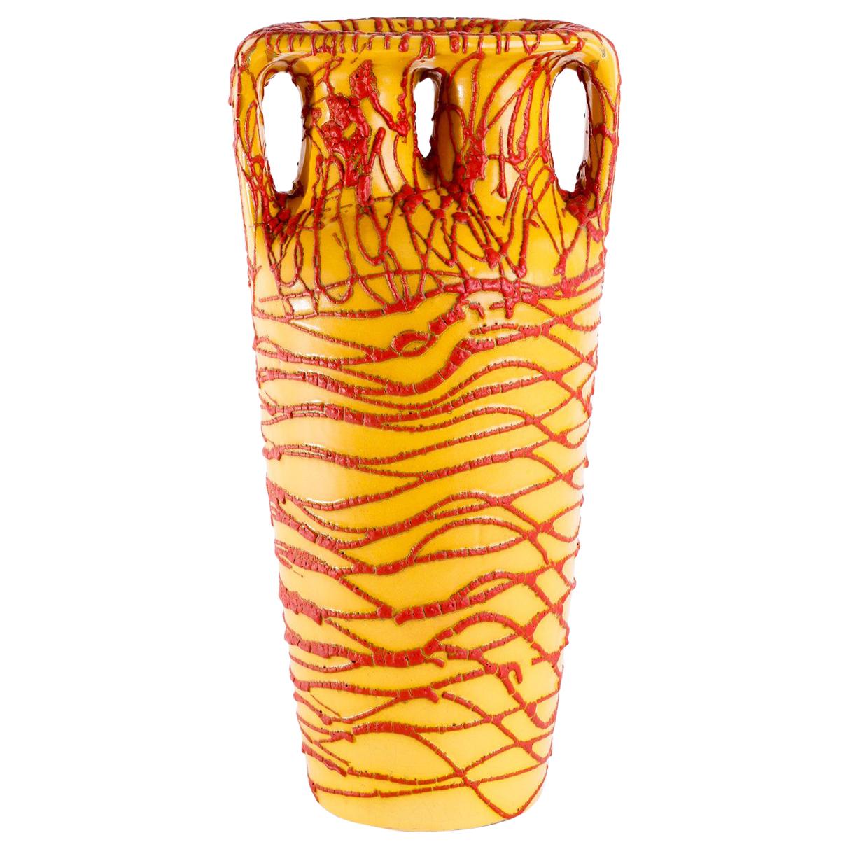 Hungarian Yellow-Red Ceramic Floor Vase, 1970s For Sale
